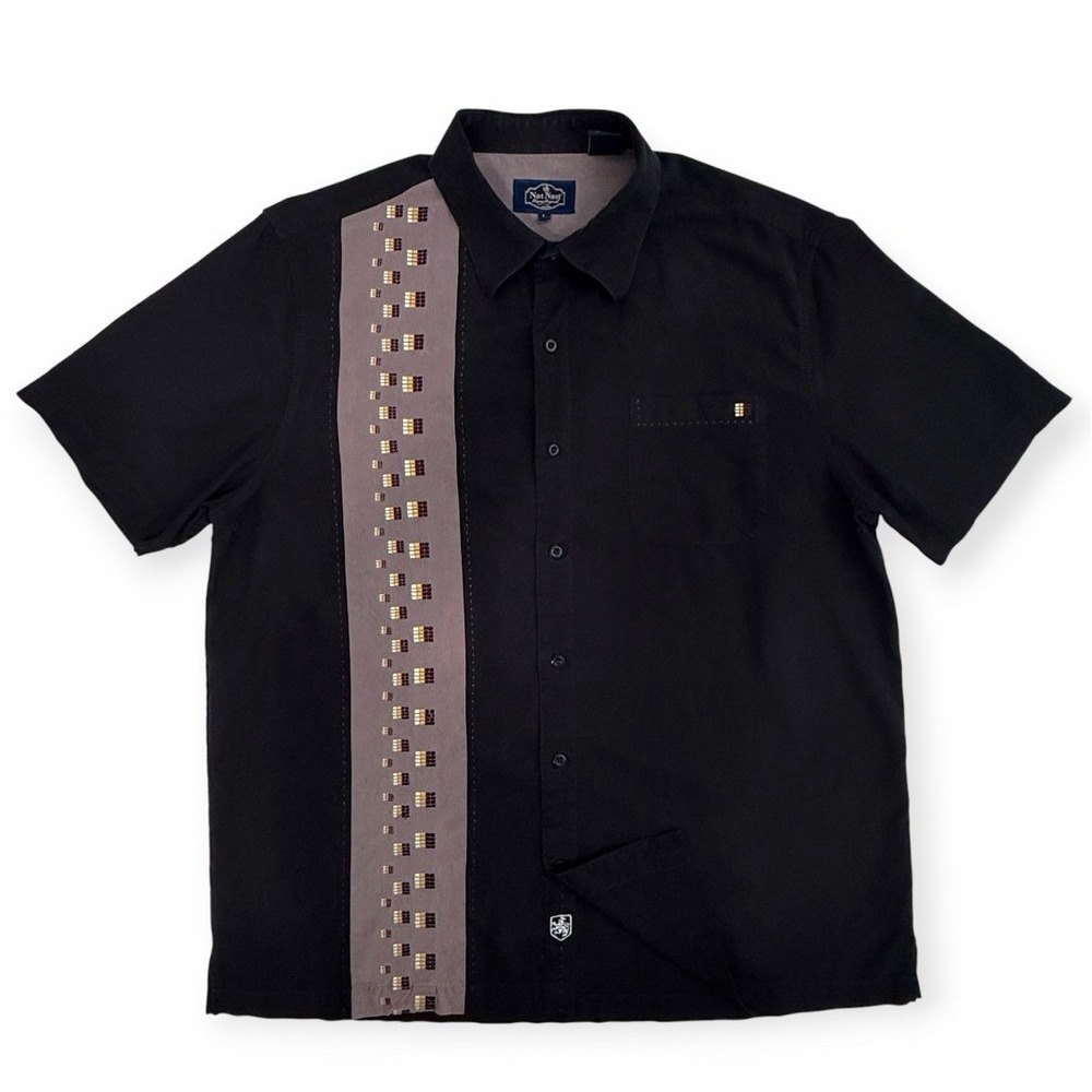 Nat Nast Luxury Originals L 100% Silk Shirt Embroidered Retro Bowling Black